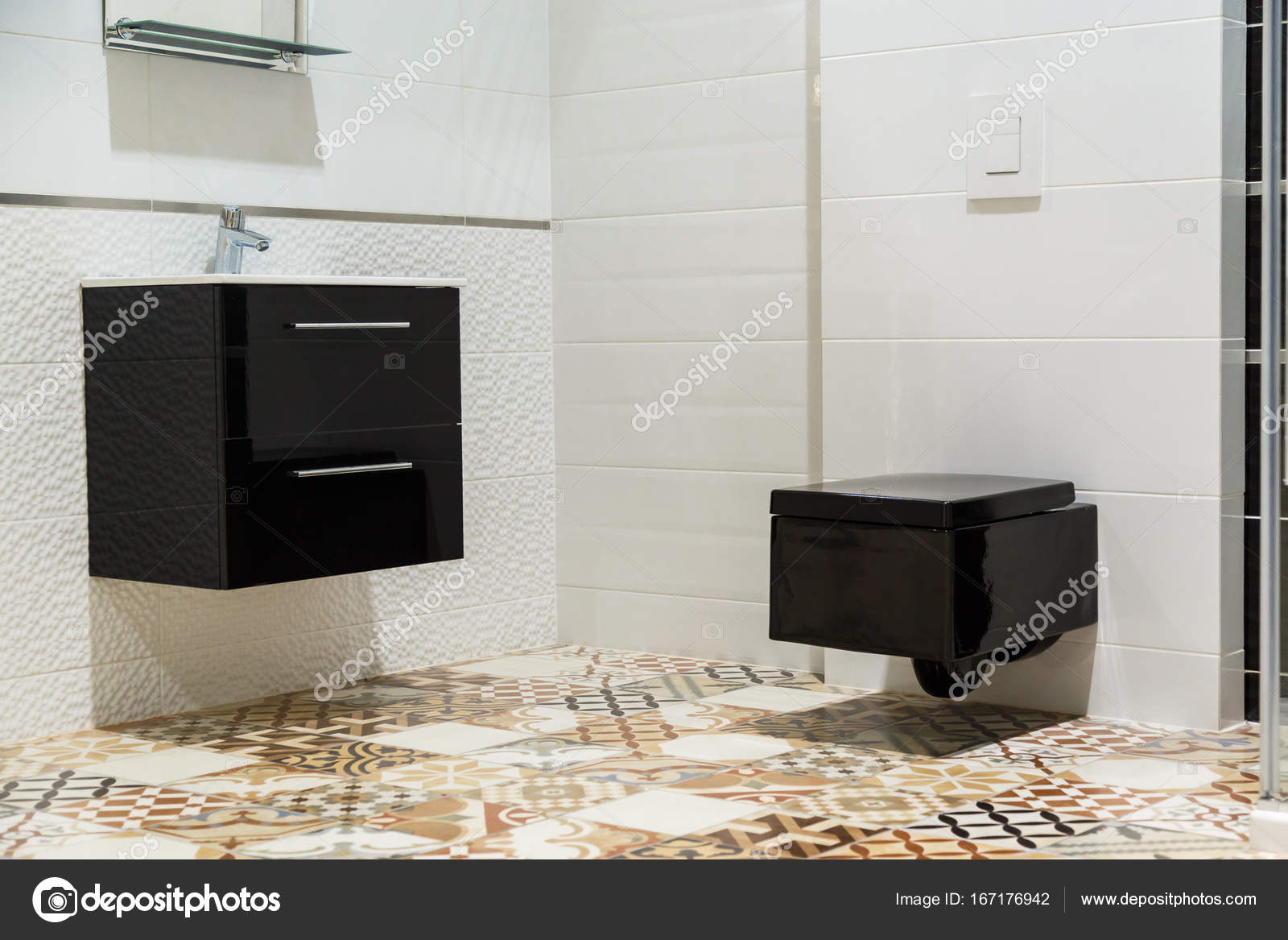 Luxury Design Of Bathroom With Black Toilet Bowl And Washbasin Stock Photo