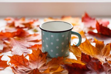 Sonbahar. Düşen yapraklar ve rustik bir fincan sıcak çay