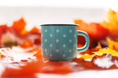 Autumn mood. Fallen leaves and a rustic mug with warm tea