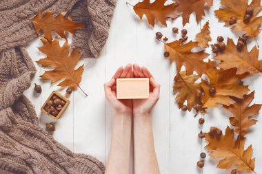 Yumuşak bir eşarp ve meşe yaprakları ile bir kompozisyon içinde parça sabun ten rengi kadın eller. Yukarıdan görüntüleyin. Güzellik ve bakım vücut ve el kavramı.