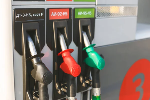 Modern dispensers at petrol gas station for cars