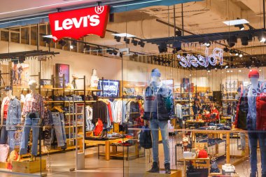 Minsk, Belarus - December 16, 2019 Levi's window in shopping center