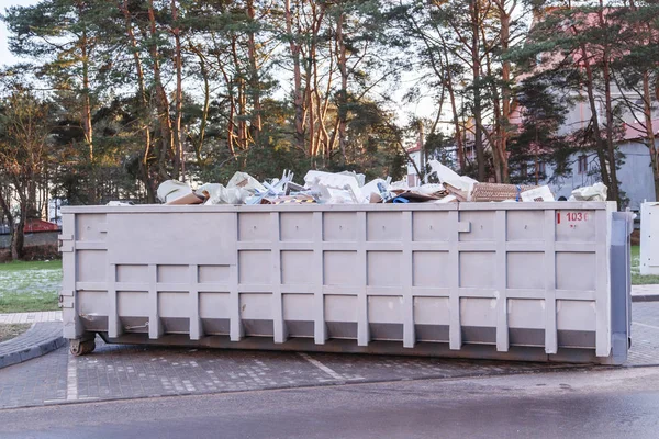 Conteneur à ordures rempli de sacs à ordures et d'autres déchets avec forêt en arrière-plan — Photo