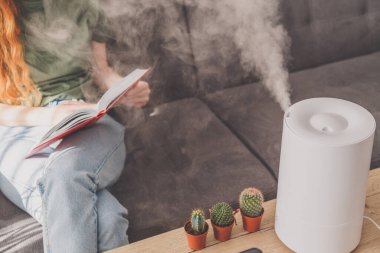 Evdeki nemlendirici. Kanepede kitap okuyan bir kadının yanında..