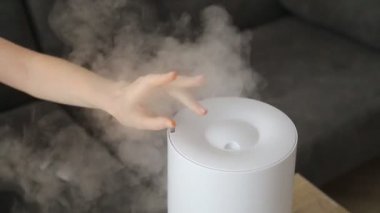 Sağlıklı hava. Nemlendirici oturma odasında buhar dağıtıyor. Kadın elini buhar içinde tutuyor.