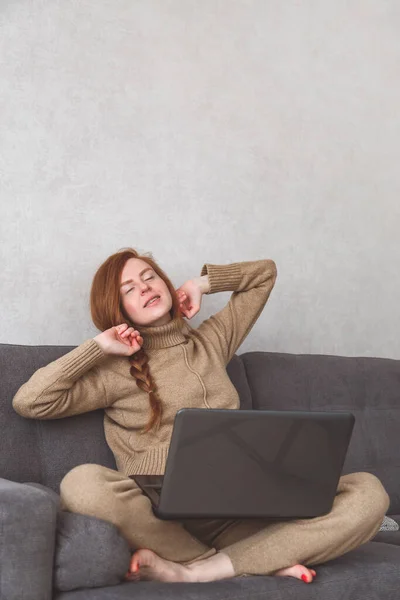 Young Woman Stretching Finished Work Online Conference Sofa Freelance Working — Stock Photo, Image