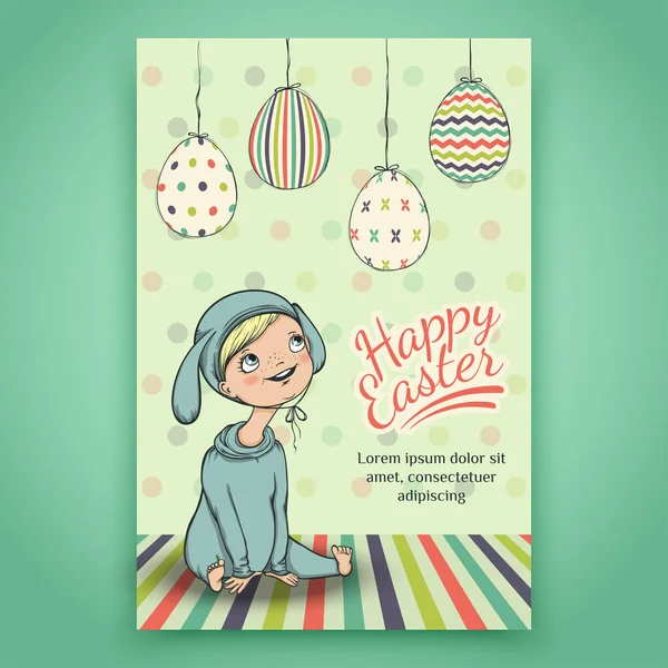 Beautiful Easter card with baby in bunny costume Royalty Free Stock Vectors