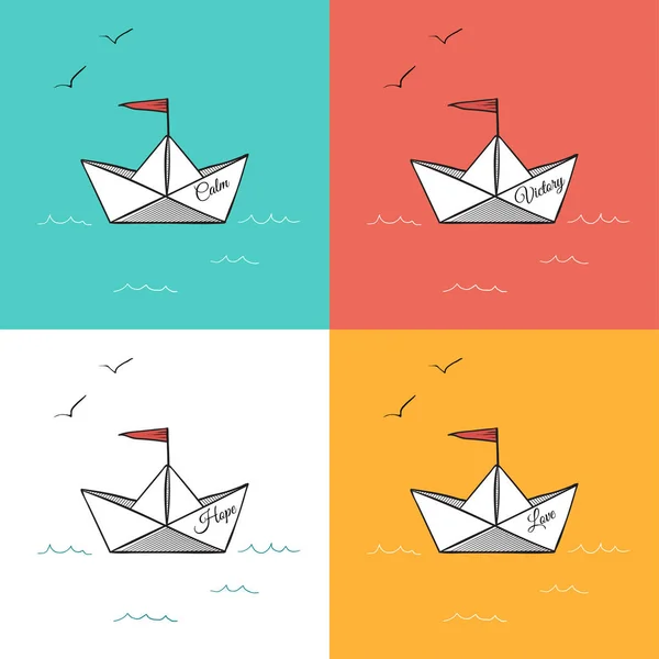 Origami papír lodí na moři vlny vektorové ilustrace — Stockový vektor