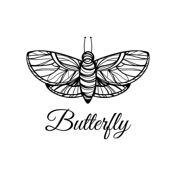 Mariposa dibujada de la mano. Logotipo de estilo Doodle. — Vector de stock