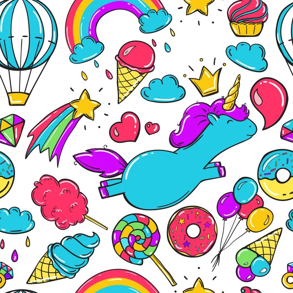 Seamless pattern with unicorns, donuts rainbow, icecream and other elements. - Stok Vektor