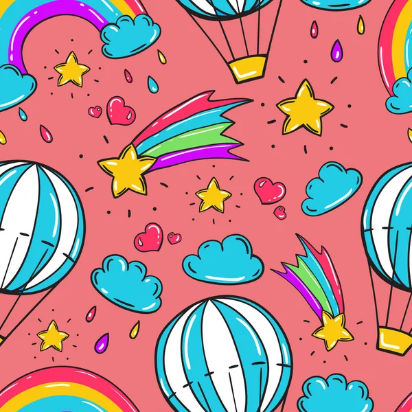 Padrão sem emenda com balão, estrelas, arco-íris, nuvens e outros elementos. —  Vetores de Stock