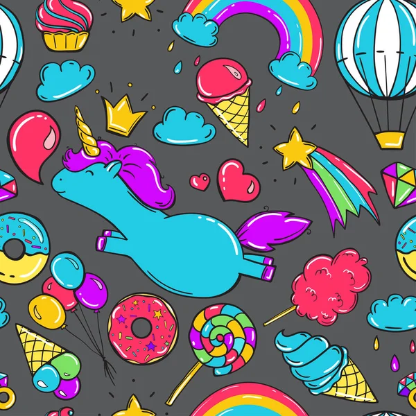 Seamless pattern with unicorns, donuts rainbow, icecream and other elements. Gray background - Stok Vektor