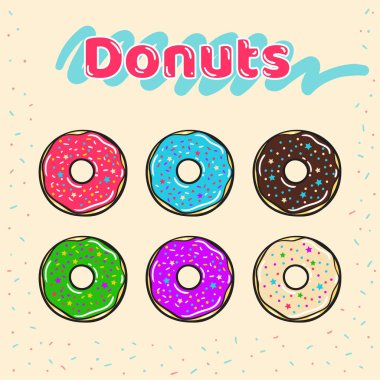 Renkli camlı donuts karamel ve tatlılar ile kümesi.