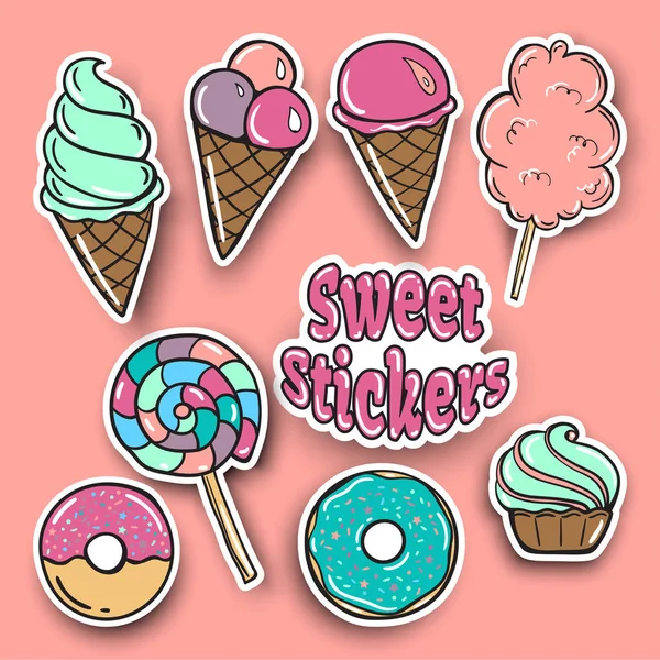 Donuts de alimentos Set de insignias, pegatinas, pegatinas de dulce, caramelos, tortas, helado en Pop Art Comic estilo. Ilustración de vector — Vector de stock