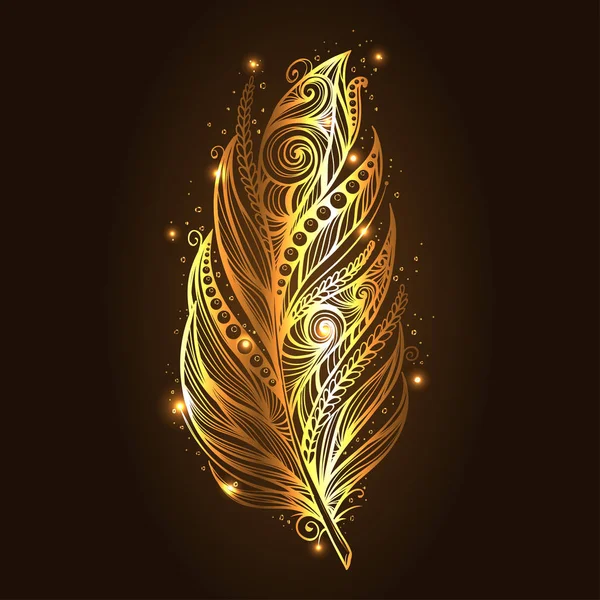 Plumes d’or brillant sur fond sombre. Illustration vectorielle. — Image vectorielle