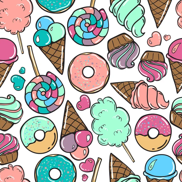 Patrón transparente con caramelos, donuts dulce helado y otros elementos. — Archivo Imágenes Vectoriales
