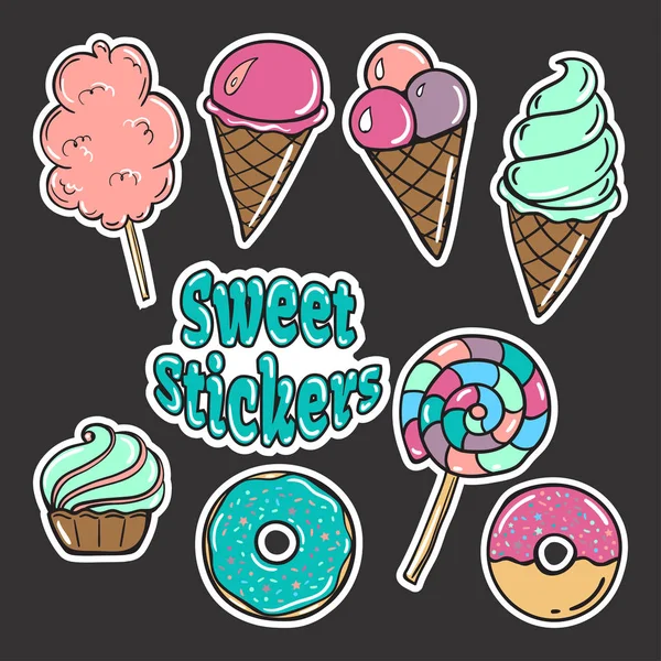 甘いステッカー バッジ セット、ステッカー、ドーナツ、お菓子、ケーキ、ポップなアート コミック スタイルのアイスクリーム。ベクトル図 — ストックベクタ