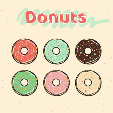 Renkli camlı donuts karamel ve tatlılar ile kümesi.