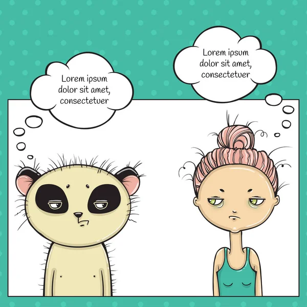 Yorgun kız ve panda makyajı düşünüyor. Pop art düşünce balonu. Vektör çizimi.