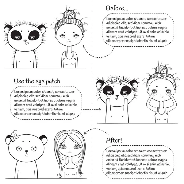 3 adımda şirin tek renkli kombinasyon dersi, kız ve panda. Vektör çizimi. siyah ve beyaz