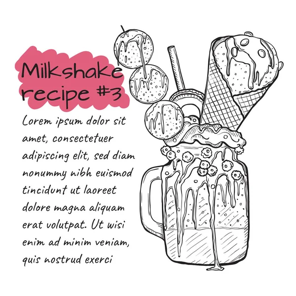 Recept på milkshake N3, smoothie med kakor, glass, frukt och bär. Handdrawn vektorillustration. — Stock vektor