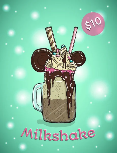 Monstershake In stile fumetto. Pazzo Frappè con gelato di biscotti al cioccolato e candys. Disegnato a mano creativo Dessert — Vettoriale Stock