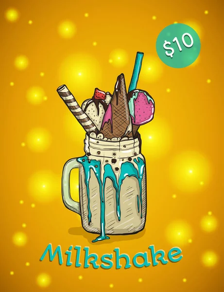 Monstershake в мультфильм стиль. Сумасшедший Milkshake с вафлями клубники и мороженое. Руки Drawn творческие десерт — стоковый вектор
