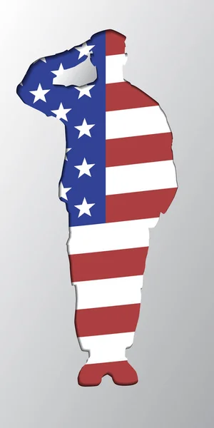 Selamlayan, Amerika Birleşik Devletleri bayrağı arka plan bir askerin siluet — Stok Vektör