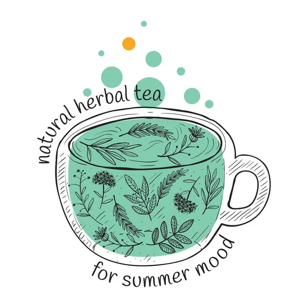 Design de cartão de vetor com mão desenhada ilustração de chá. Fundo de tinta decorativo com chá vintage croqui. — Vetor de Stock