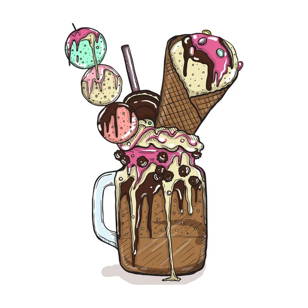 Cartoon stile Milkshake con biscotti al cioccolato dolci e gelati. Disegnato a mano creativo Dessert isolato — Vettoriale Stock