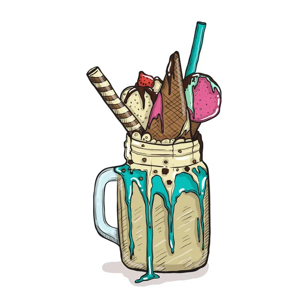 Cartoon-Stil Milchshake mit Waffeln Erdbeeren und Eis. Hand gezeichnet kreative Dessert isoliert — Stockvektor