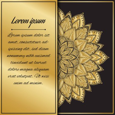 Kartpostal ilanı, düğün için tebrik çerçevesi Sevgililer Günü, doğum günü, davetiye, minnettarlık, kutlama, aşk ilanı. Vektör altın, mandala ile kahverengi arka plan. eps10