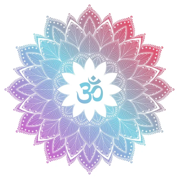 Süslü, yuvarlak mandala süsü içinde Aum Om Ohm sembolü. Vektör illüstrasyonu