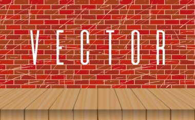 Boş ahşap masa üstü tuğla duvar arka plan üzerinde