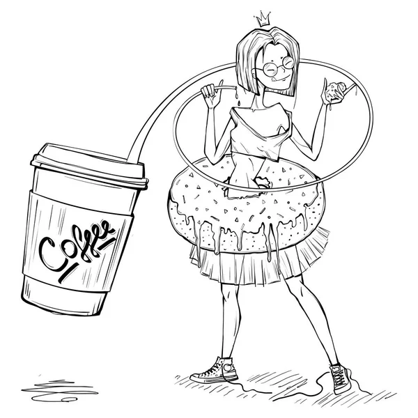 Hermosa chica chic en entrenadores con café, vector Ilustración, dulce donut — Vector de stock