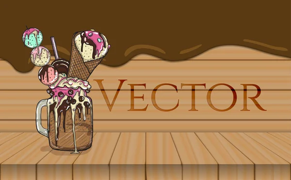 Cartoon Style Milkshake with cookies chocolate sweets and ice cream. Hand Drawn Creative Dessert. — Stock Vector