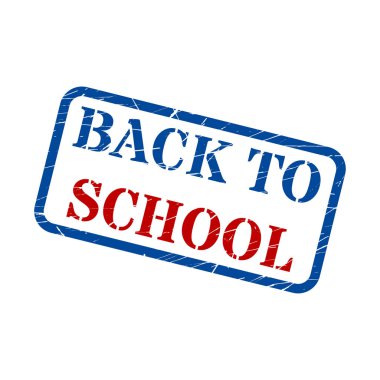 Geri okul kırmızı mavi damga metni için beyaz