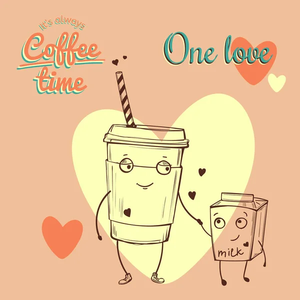 Retro Vintage Coffee Background for Greeting Card, Poster with friendly characters - Stok Vektor