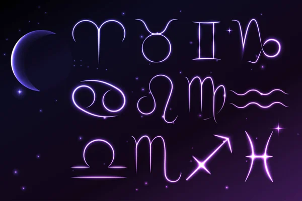 Lichte symbolen van zodiac Horoscoop, astrologie en de mystic tekenen, vectorillustratie. — Stockvector