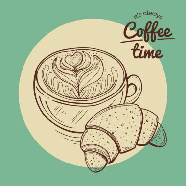 Kahve fincanı ve kruvasan vektör çizimi, kartpostal şablonu