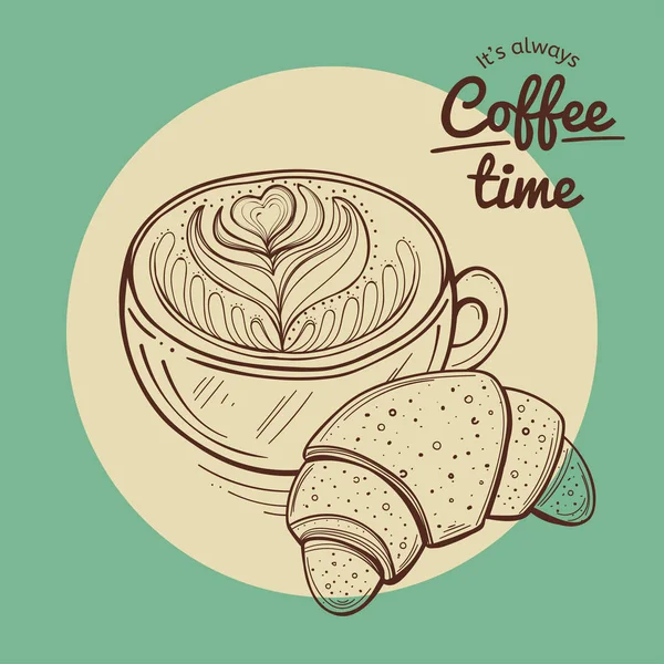 Kahve fincanı ve kruvasan vektör çizimi, kartpostal şablonu
