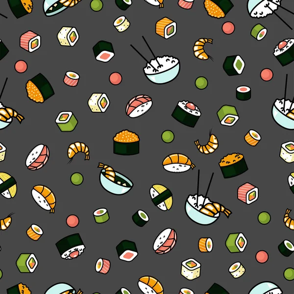 シームレスな日本料理のパターン 寿司とロール 灰色の背景 — ストックベクタ