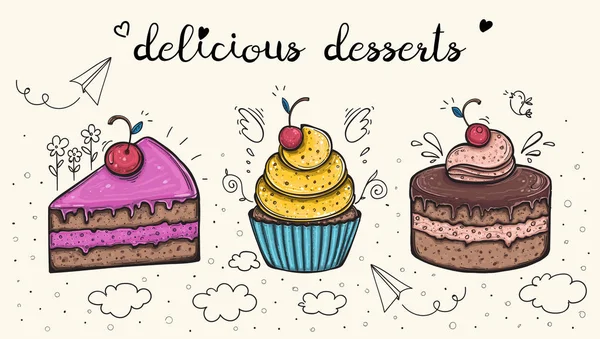Dekoratif tatlılar lezzetli tatlı seti krem vektör resimli pastalar.