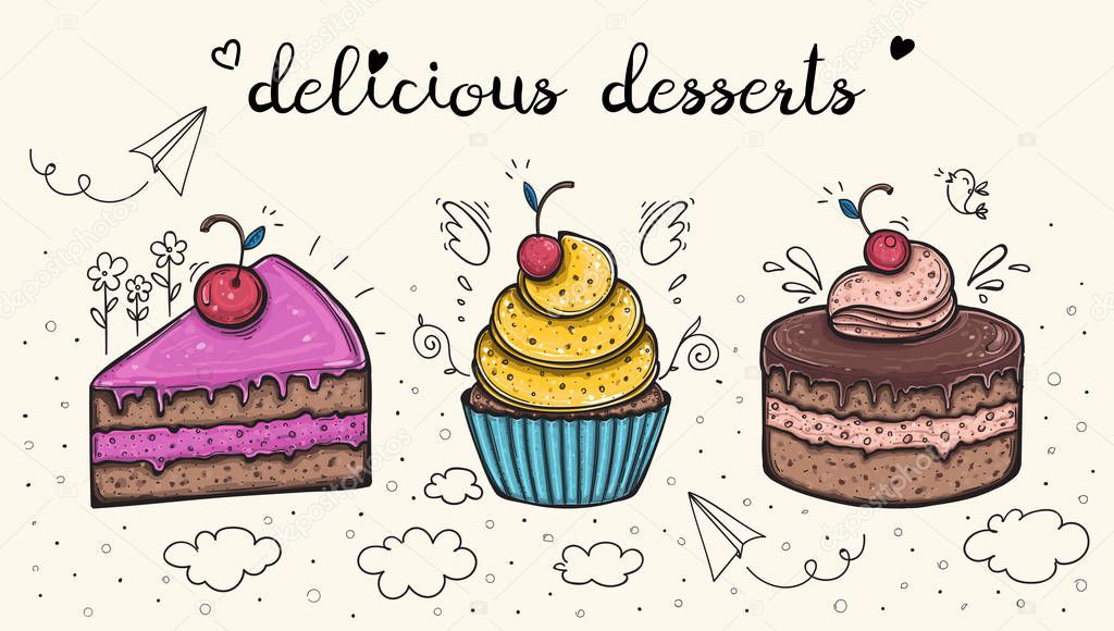 Decorative sweets food delicious dessert set of cakes with cream vector illustration