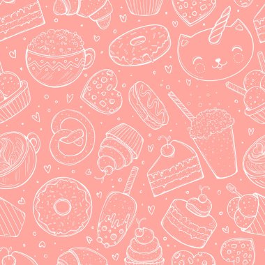 Kusursuz desen, tatlılar karalama çizimi, vektör illüstrasyonu