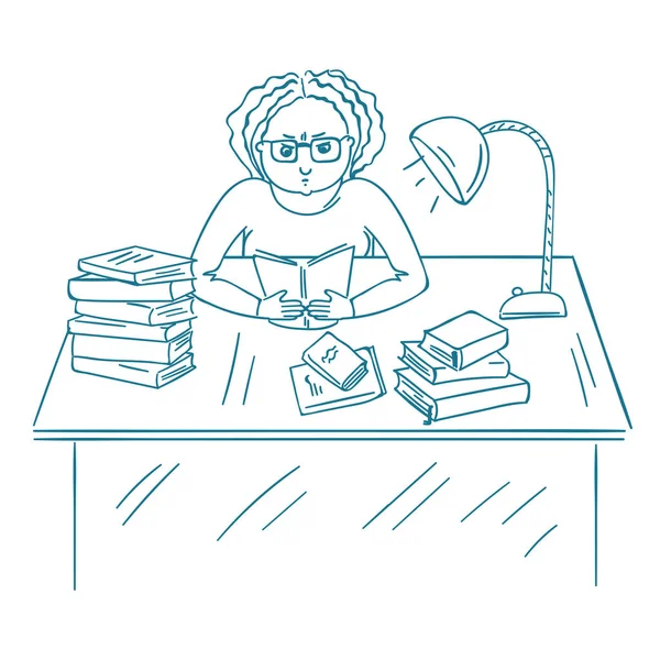 Genç kızgın öğrenci ders kitaplarıyla çalışıyor. Sıkıcı kız öğrenci kütüphanede çalışıyor..