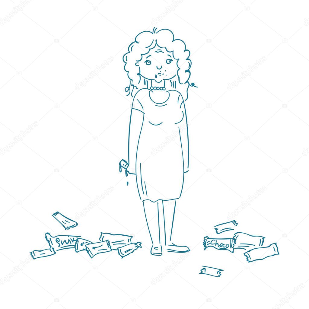 woman with eating disorder eat sugar products, Illustration
