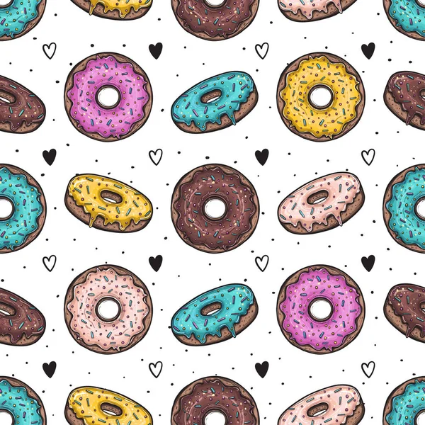Donuts Mit Bunten Glasuren Nahtloses Muster Punkte Und Herzen Hintergrund — Stockvektor