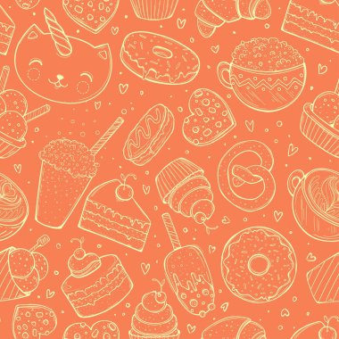 Kusursuz desen, tatlı karalama çizimi, turuncu vektör çizimi