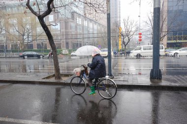 Islak bir karlı günde bir umbrells ile bisiklet sürme kişi.